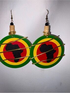 Afrocentric Rasta Circle Dangle Earrings - Green, Yellow, Red, Black